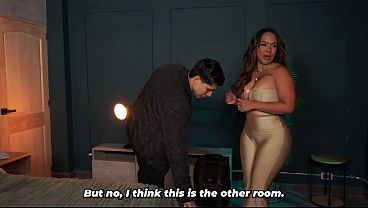 Busty stepmom and stepson end up sharing a hotel bed after a mix-up—but they sure have a great time alone together!