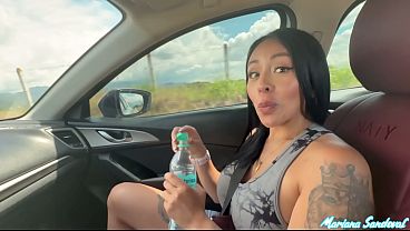 Big black cock BBC fucks a horny Colombian woman in the car after picking her up on the road - Mariana Sandoval & Brandon Cruz