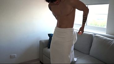 Stepson prank steals his busty stepmother's towel, leaving her freezing naked.