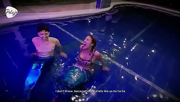 Merman eats his mermaid friend's pussy, and then she gets all his cum out.