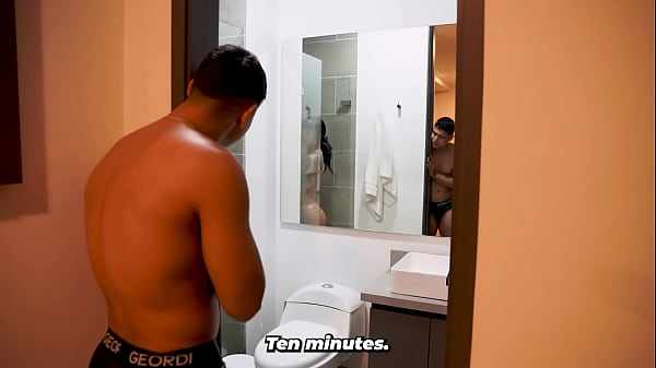 Muscular guy steals his big-assed stepsister's towel to play a prank on her in the shower