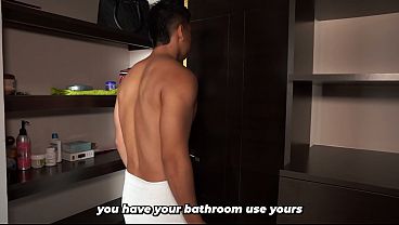 Stepson plays a prank on his stepmother, and she runs naked from the bathroom to chase him