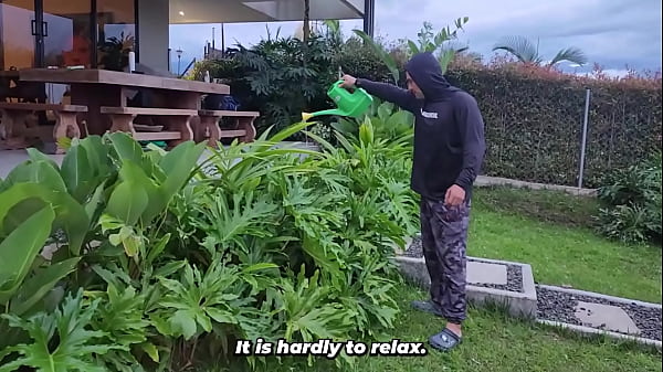 The sexy gardener makes his big-breasted brunette boss satisfied.